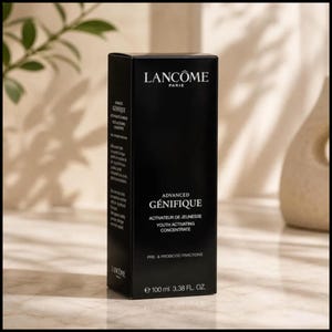 May include: A black rectangular box of Lanc&ocirc;me Advanced G&eacute;nifique Youth Activating Concentrate. The box has white text that reads "Lanc&ocirc;me Paris" and "Advanced G&eacute;nifique". The box contains 100 ml of product.