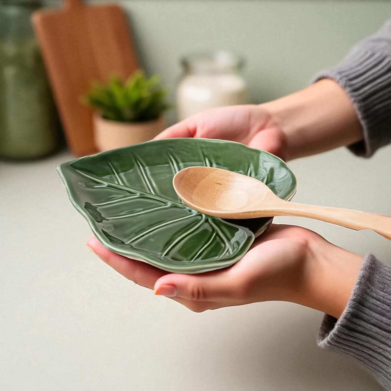 Handmade Ceramic Spoon Rest | Green Glaze Kitchen Utensil Holder - 1 (Etsy)