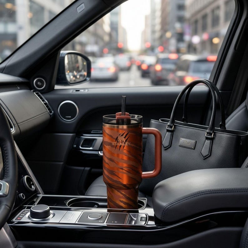 Puede incluir: Un vaso Stanley grande, naranja y marr&oacute;n con un estampado de rayas de tigre y un asa est&aacute; en un coche. El vaso tiene una pajita negra y el logotipo de Stanley. Un bolso negro est&aacute; en el fondo.