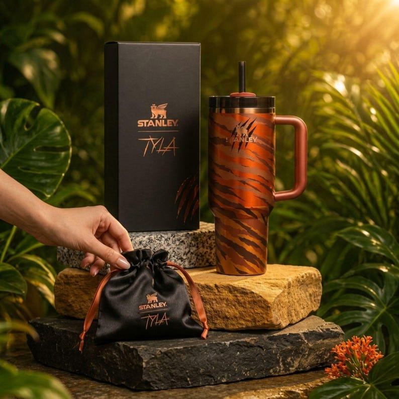 Puede incluir: Un vaso Stanley Tyra con dise&ntilde;o de rayas de tigre, una caja de regalo negra y una bolsa de sat&eacute;n negra con cord&oacute;n. El vaso tiene un asa y una pajita. El logotipo de Stanley y "Tyra" est&aacute;n impresos en el vaso, la caja y la bolsa.