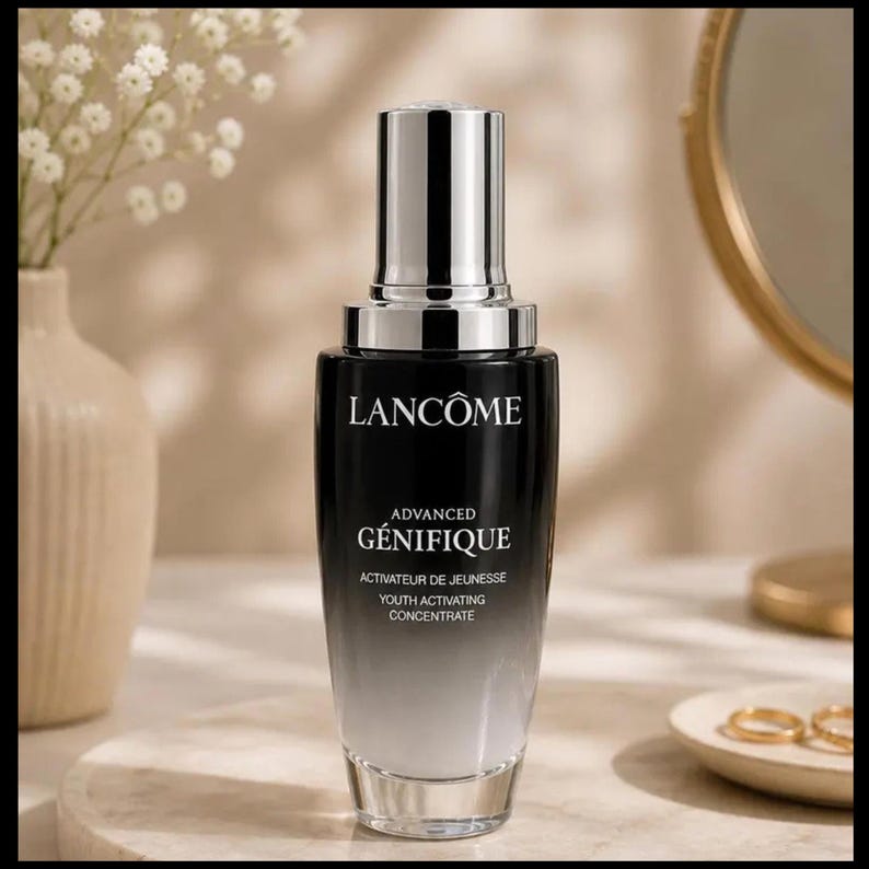 May include: A black and silver Lanc&ocirc;me Advanced G&eacute;nifique Youth Activating Concentrate bottle. The bottle has a gradient design, transitioning from black to clear. The product name and details are printed in white. The background includes a vase with white flowers and a gold-framed mirror.