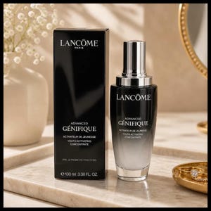 May include: A black and silver Lanc&ocirc;me Advanced G&eacute;nifique Youth Activating Concentrate bottle and box. The bottle is a gradient from black to clear, with a silver pump. The box and bottle both display the Lanc&ocirc;me logo and product information. The bottle contains 100 ml.