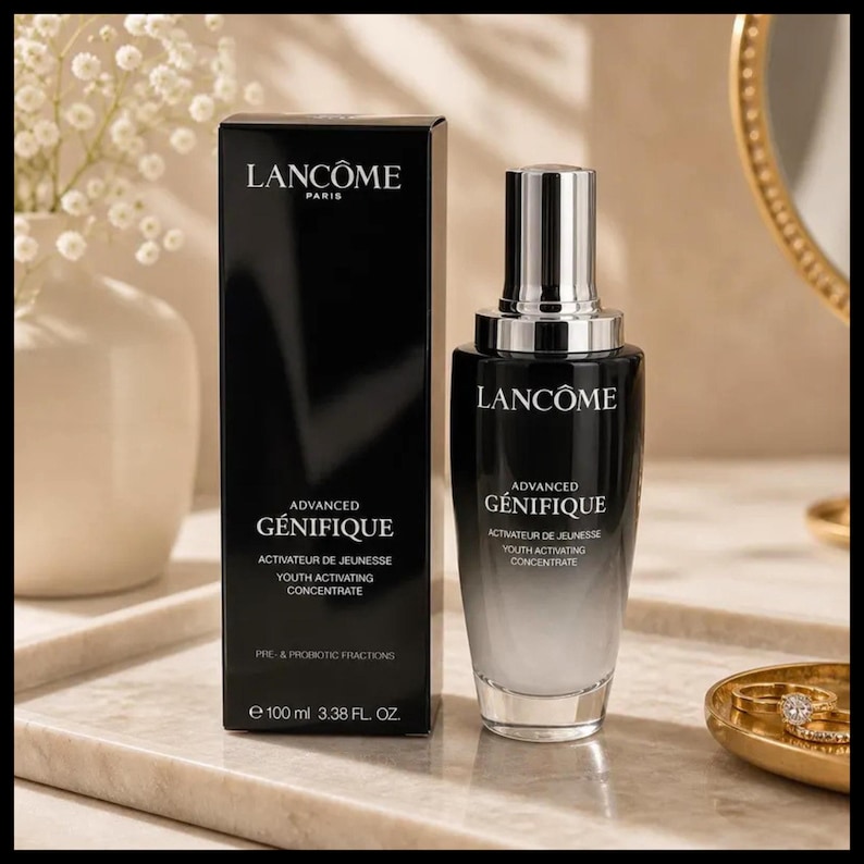 May include: A black and silver Lanc&ocirc;me Advanced G&eacute;nifique Youth Activating Concentrate bottle and box. The bottle is a gradient from black to clear, with a silver pump. The box and bottle both display the Lanc&ocirc;me logo and product information. The bottle contains 100 ml.