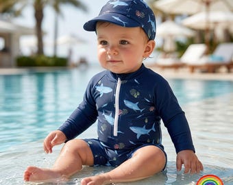 Baby Jungen Badeanzug Hai Print UV Schutz Schwimmanzug mit Sonnenhut Langarm Strandkleidung Sommer Outfit Urlaub Geschenk