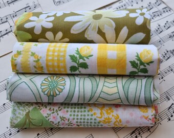 Vintage Fabric Fat Quarters x 4 in Floral Print • Perfect for Crafting, Quilting, Sewing and Scrap Booking • Retro • Greens & Yellows •