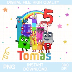 Puede incluir: Un gráfico digital con personajes de Numberblocks en varios colores, un número 5 grande de color rojo y un arcoíris. El nombre Tomas está escrito en letras coloridas en la parte inferior. El fondo es una cuadrícula blanca con estrellas y puntos.