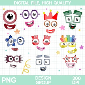 May include: A digital file containing a collection of eleven colorful cartoon character faces with various expressions, shapes, and accessories like crowns, glasses, and stars, set against a white grid background with scattered small colored shapes.