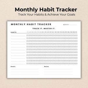 Peut inclure: Un suivi mensuel des habitudes blanc avec le texte "Monthly Habit Tracker" et "Track Your Habits & Achieve Your Goals". Le suivi comprend des espaces pour les habitudes, les objectifs et les notes, avec des cases pour le suivi quotidien.