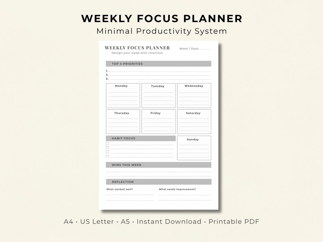 Minimalist Weekly Focus Planner, Habit Tracker (PDF Download, A4/US ...