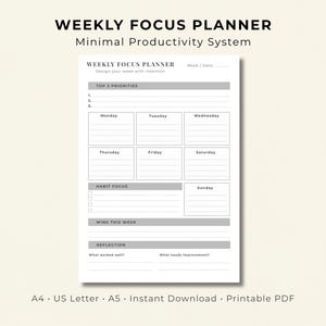 Peut inclure: Un planificateur hebdomadaire blanc avec un design minimaliste. Le planificateur comprend des sections pour les principales priorités, les horaires quotidiens, le suivi des habitudes et les réflexions hebdomadaires. Le texte en haut indique "Weekly Focus Planner" et "Minimal Productivity System."
