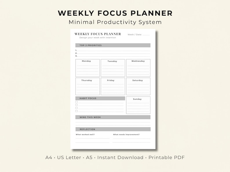 Weekly Writing Focus Minimalist Weekly Focus Planner, Habit Tracker (PDF Download, A4/US ...