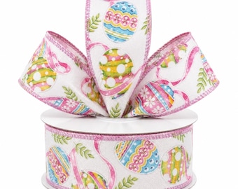 Easter Egg Wired Craft Ribbon | Pastel Colorful Spring Eggs Ribbon | 2.5” wide  | Various Lengths Available