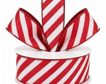 Candy Cane Wired Crafts Ribbon | Red Glitter Diagonal Stripe Wired Christmas Crafting | 2.5” x 5 yards | 26-121CCWCR