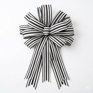 May include: A decorative bow made from black and white striped ribbon. The bow features multiple loops and streamers, giving it a full and elegant look. The evenly spaced stripes add a classic touch. Ideal for gift wrapping or festive decorations.