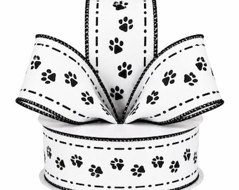 Black and White Paw Print Wired Edge Ribbon