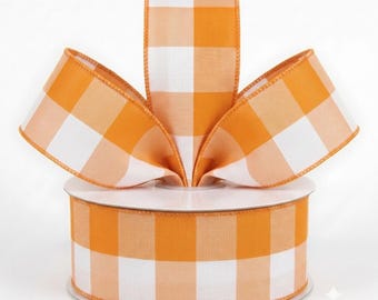 Fita de artesanato com borda aramada xadrez laranja e branca | 3,8 cm x 4,5 m