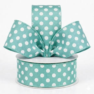 Seafoam Green White Polka Dot Wired Ribbon, Craft Bow Wreath Gift Wrap Supplies