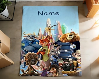 Personalized Zootopia Soft Throw Blanket, Custom Name Fleece, Anime Gift for Fans