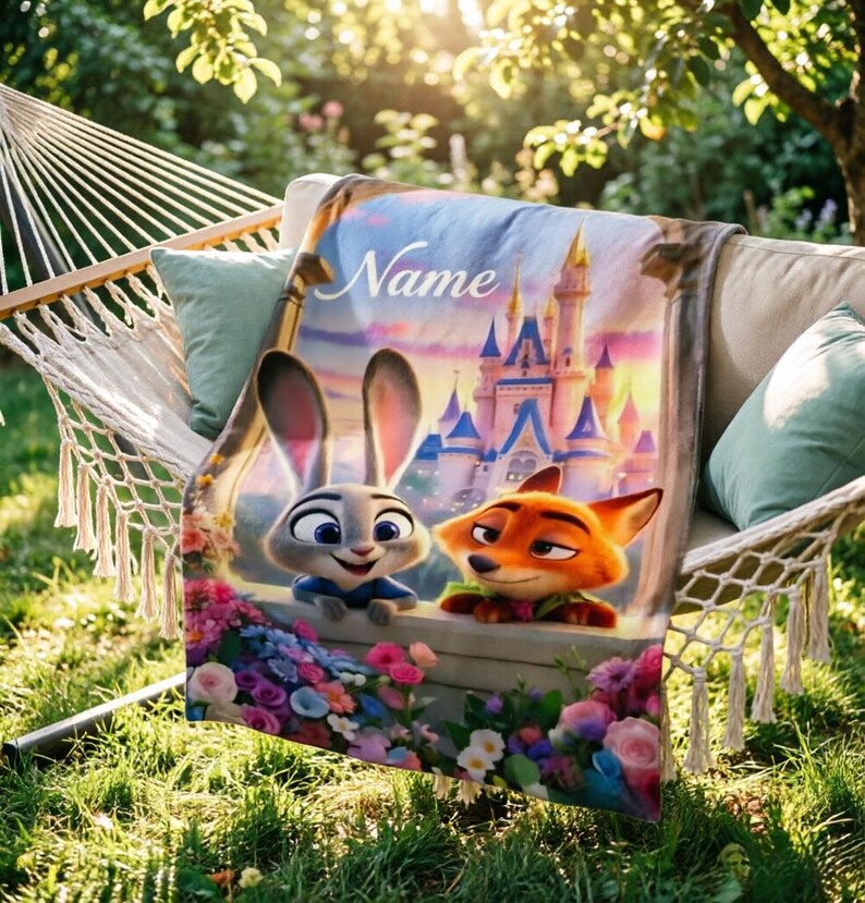 May include: A soft blanket displaying Judy Hopps and Nick Wilde from Zootopia, with a castle scene and the word "Name". The blanket is draped over a hammock, decorated with vibrant flowers.