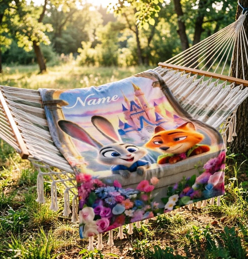 May include: A personalised blanket featuring cartoon characters Judy Hopps and Nick Wilde from Zootopia, with a castle backdrop and floral border. The blanket is draped over a hammock in a sunny outdoor setting. The word "Name" is visible.