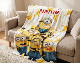 Personalized Minion Fleece Throw Blanket, Yellow Cartoon Monster Kids Bedding