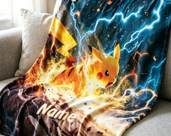 Personalized Pikachu Soft Throw Blanket, Custom Name Lightning Fleece, Birthday Gift for Kids & Fans