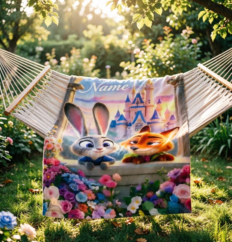 May include: A personalised blanket featuring Judy Hopps and Nick Wilde from Zootopia, with a castle backdrop and the word "Name" in script. The blanket is draped over a hammock, surrounded by colourful flowers.