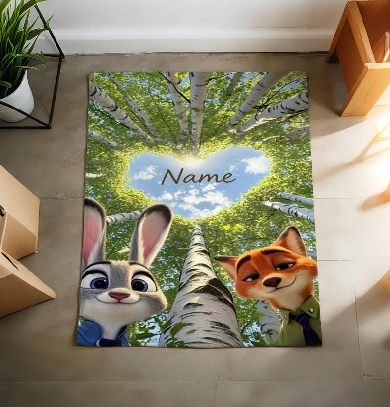 May include: A rectangular rug featuring the characters Judy Hopps and Nick Wilde from Zootopia. The rug has a backdrop of birch trees forming a heart shape with the word "Name" in the centre. The characters are in the foreground.