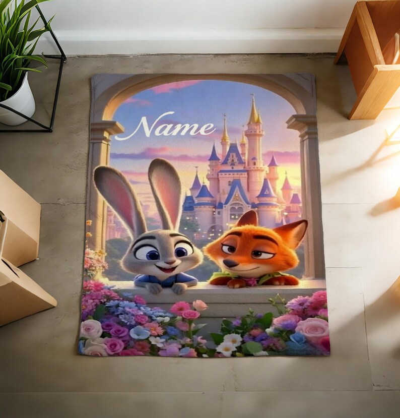 May include: A rectangular rug with a cartoon image of a bunny and a fox looking out a window at a castle. The rug has a floral border with the word "Name" above the characters. The background shows a sunset.