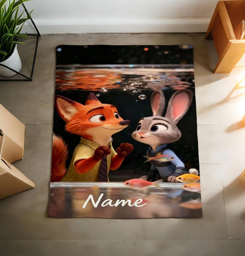 May include: A rectangular Zootopia-themed rug featuring Nick Wilde and Judy Hopps underwater with fish. The rug has a black background with the word "Name" in white at the bottom. The characters are in vibrant colours.