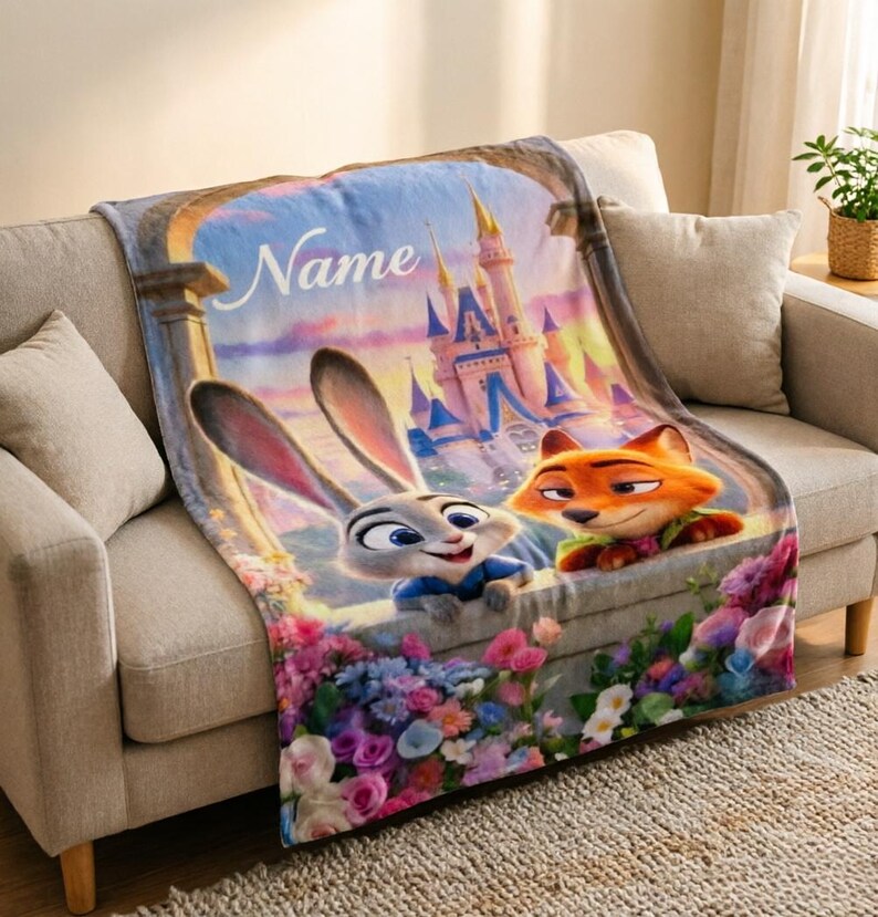 May include: A soft blanket displaying Judy Hopps and Nick Wilde from Zootopia, with a castle scene and the word "Name". The blanket is on a beige sofa, with a vibrant floral border. The scene is reminiscent of a fairytale.