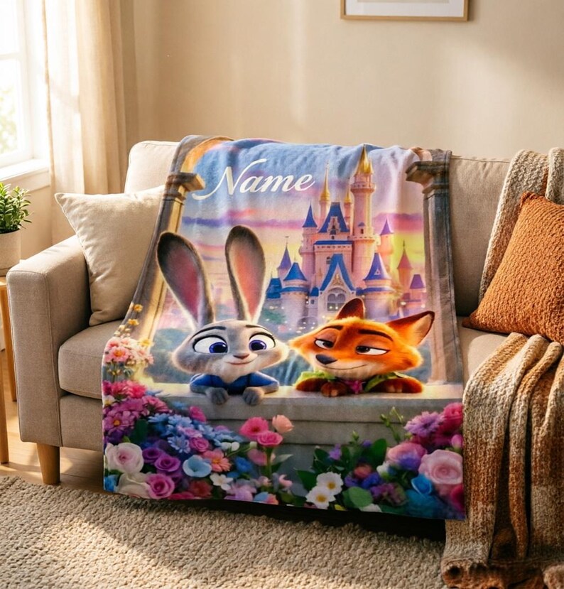 May include: A soft blanket featuring Judy Hopps and Nick Wilde from Zootopia, with a castle backdrop and the word "Name" in script. The blanket is decorated with colourful flowers and is draped over a sofa.
