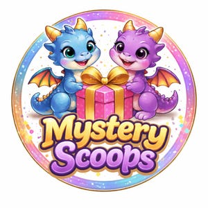 May include: A circular graphic featuring two cartoon dragons, one blue and one purple, flanking a pink gift box tied with a gold bow. The text "Mystery Scoops" is written in gold and purple, surrounded by a rainbow border.