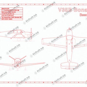 May include: A red-outlined blueprint of a Beechcraft V35B Bonanza aircraft, with top, side, and front views. The blueprint includes technical specifications and the text "AirDraft Ink". Measurements are in metric units.