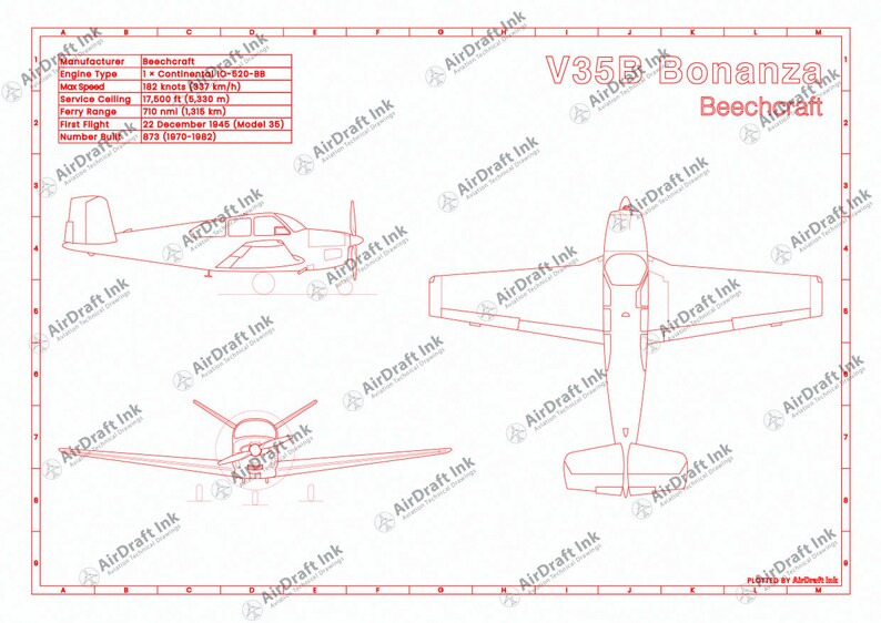 May include: A red-outlined blueprint of a Beechcraft V35B Bonanza aircraft, with top, side, and front views. The blueprint includes technical specifications and the text "AirDraft Ink". Measurements are in metric units.