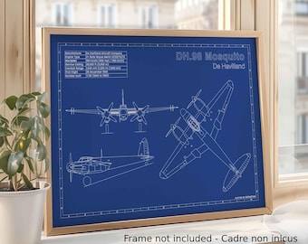 DH.98 Mosquito Blueprint Art / Dibujo técnico de aviación / Formato A3 / Decoración de aviación - Regalo para piloto