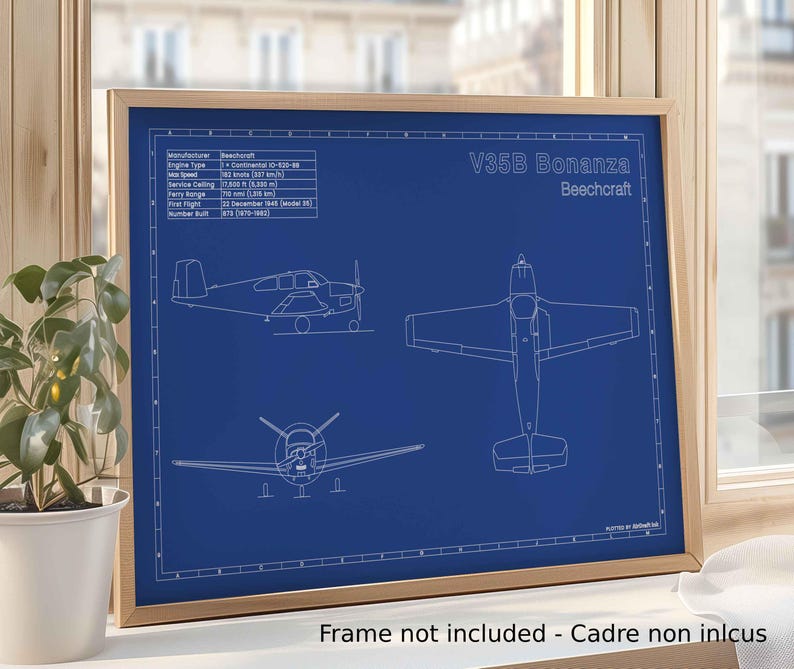 V35B Bonanza Blueprint Art | Aviation Technical Drawing | Format A3 | Aviation Decor – Pilot Gift image 1