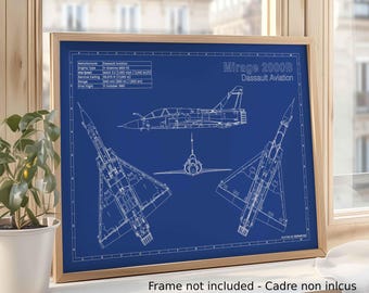 Dibujo técnico de aviación del Dassault Mirage 2000B / Formato A3 / Decoración de aviación - Regalo para pilotos