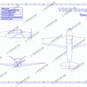 May include: A blue blueprint of a Beechcraft V35B Bonanza aircraft, with multiple views and specifications. Max speed is 337 km/h, service ceiling is 5,330 m, and ferry range is 1,315 km. First flight was on 22 December 1945.