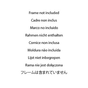 May include: A white background displays text in multiple languages, including English, stating that a frame is not included. The text is presented in various languages such as French, Spanish, German, Italian, Portuguese, Dutch, Polish, and Japanese.