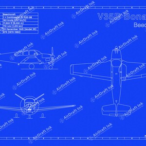 V35B Bonanza Blueprint Art | Aviation Technical Drawing | Format A3 | Aviation Decor – Pilot Gift White/blue