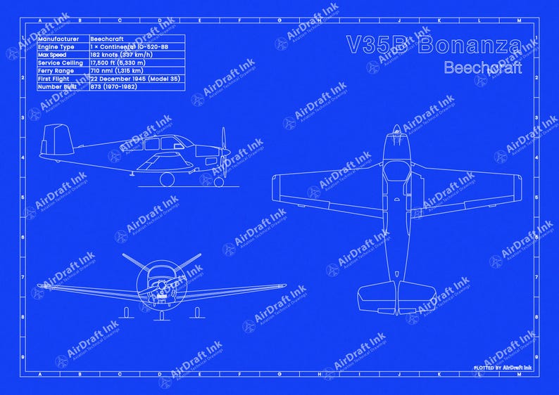 V35B Bonanza Blueprint Art | Aviation Technical Drawing | Format A3 | Aviation Decor – Pilot Gift White/blue