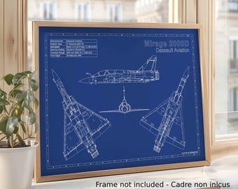 Dibujo técnico de aviación del Dassault Mirage 2000D / Formato A3 / Decoración de aviación - Regalo para pilotos