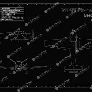 May include: A blueprint of a V35B Bonanza Beechcraft aircraft, showing top, side, and front views. Specifications include engine type, a max speed of 337 km/h, and a service ceiling of 6,330 m. The text "AirDraft Ink" is repeated across the image.