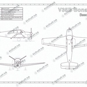 May include: A technical blueprint of a Beechcraft V35B Bonanza aircraft, showing multiple views. Details include engine type, a maximum speed of 337 km/h, and a service ceiling of 5,330 m. The first flight of this model was on 22 December 1945.