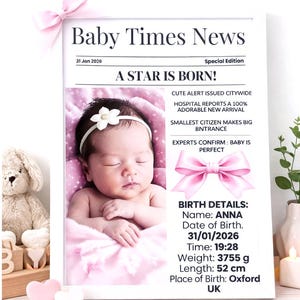 Peut inclure: Un cadre imprimé conçu comme une une de journal, intitulé "Baby Times News". Il présente une photo de bébé, des détails de naissance et un nœud rose. Le titre est "A Star Is Born!". Le poids du bébé est de 3755 g, et la longueur est de 52 cm.
