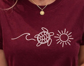 Ocean Turtle Sun T-Shirt, Graphic Top, Seaside Gift For Her, Minimal Sea Design Tee