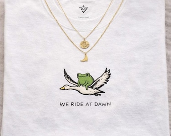 Frog Goose Ride at Dawn Embroidered T-Shirt, Whimsical Animal Graphic Tee