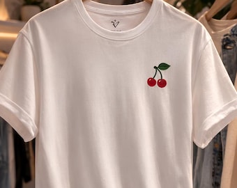 Minimal Cherry Embroidered Cotton T-Shirt, Soft Unisex Top