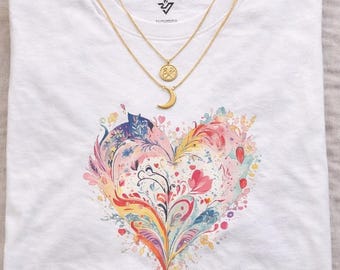 Watercolor Heart Graphic Tee, Colorful Floral Art Shirt, Casual Cotton Top